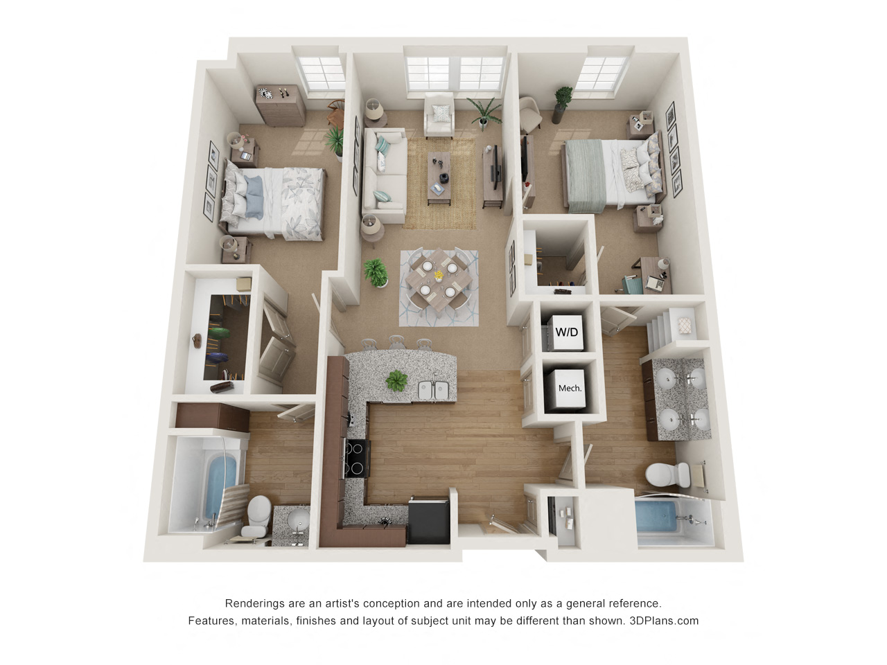 Floor plan for 2 beds, 2 baths, 1141 sqft